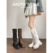 真皮 骄屿翻折两穿骑士靴厚底长筒靴粗跟堆堆靴不过膝靴高跟长靴