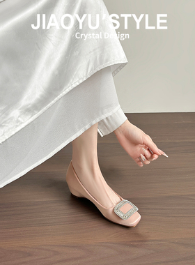 真皮~骄屿方扣水钻玛丽珍鞋方头缎面浅口内增高春季新款通勤单鞋