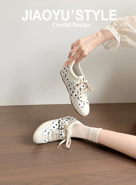 真皮~骄屿白色波点内增高芭蕾德训鞋女2026新款轻便百搭休闲板鞋