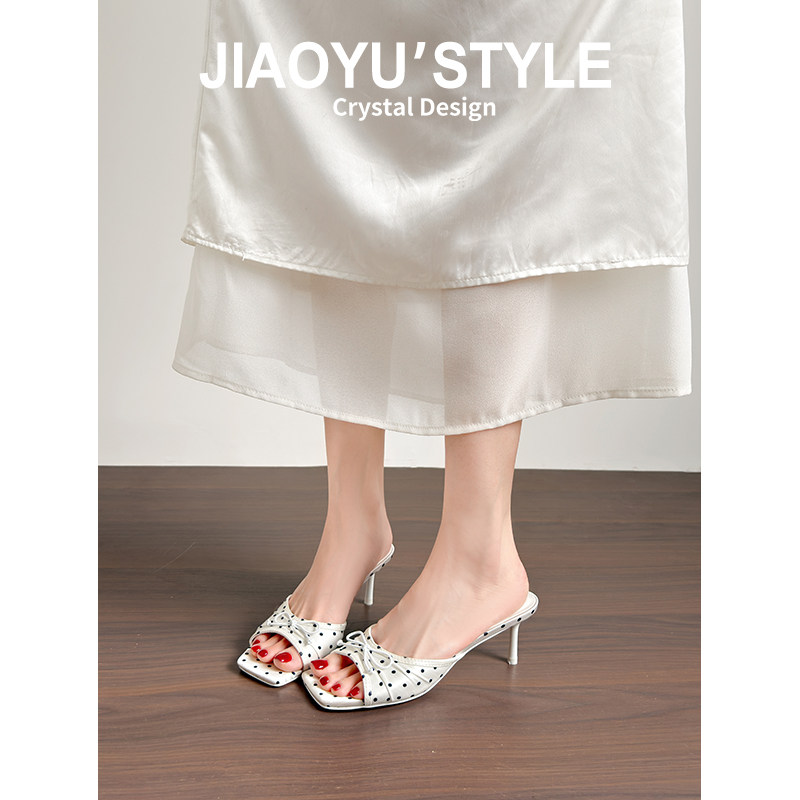 真皮~骄屿复古蝴蝶结一字凉拖鞋女2026夏新款方头波点细高跟凉鞋