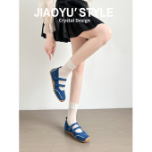 休闲阿甘鞋 复古浅口芭蕾德训鞋 骄屿内增高蓝色运动玛丽珍鞋 真皮