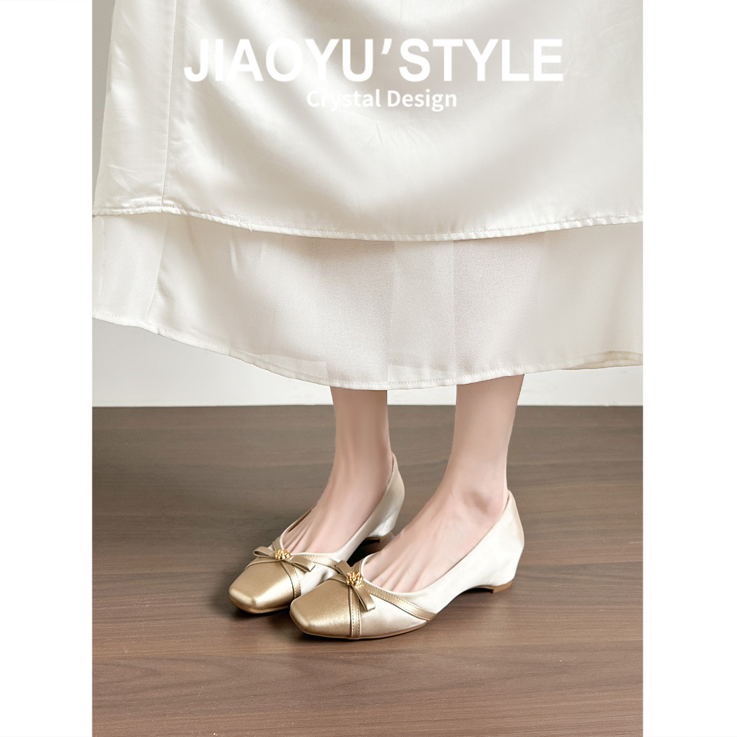 真皮~骄屿法式蝴蝶结方头浅口单鞋2026春新款配裙子粗跟玛丽珍鞋