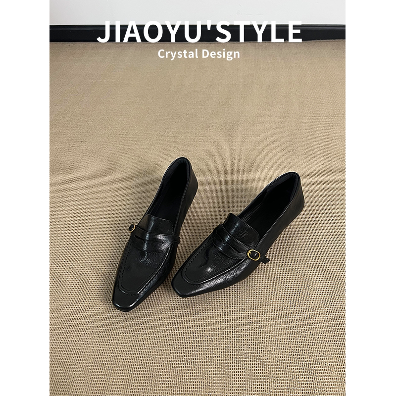 真皮~骄屿复古方头粗跟乐福鞋通勤鞋气质一脚蹬单鞋皮带扣小皮鞋