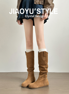 牛皮版~骄屿勃肯长筒靴女2025秋冬新款褶皱堆堆靴内增高博肯长靴