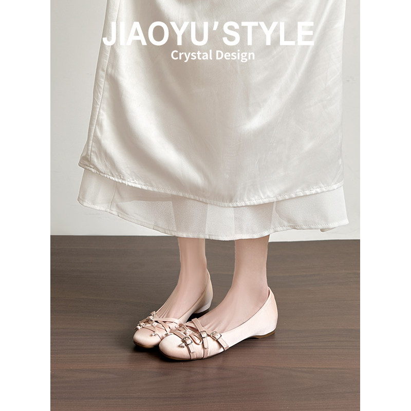 真皮~骄屿裸粉色玛丽珍鞋2026春新款法式蝴蝶结粗跟通勤浅口单鞋