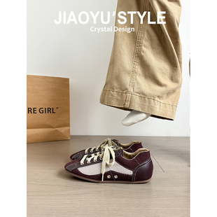 小众百搭复古圆头休闲阿甘鞋 女2025新款 骄屿系带拼色德训鞋 真皮