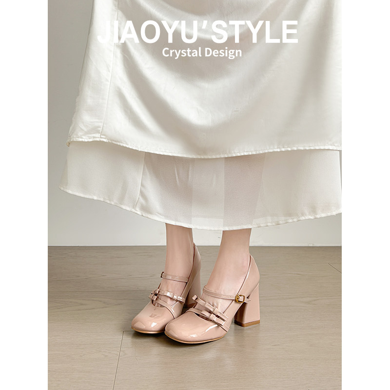 真皮~骄屿裸色玛丽珍鞋2026春新款气质法式高跟鞋蝴蝶结粗跟单鞋