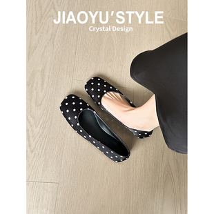 真皮~骄屿法式复古波点玛丽珍鞋2026春新款黑色通勤浅口芭蕾单鞋