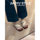 女外穿百搭厚底露趾绝美凉鞋 羊皮 骄屿复古两穿一字带方头凉拖鞋