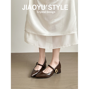 真皮~骄屿法式尖头玛丽珍高跟鞋女不累脚内增高新款浅口通勤单鞋