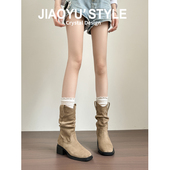 真皮 秋冬欧美风尖头显瘦粗跟短靴 骄屿复古褶皱堆堆靴2025年新款