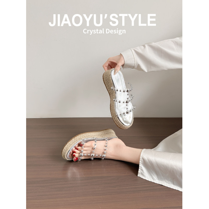 真皮~骄屿铆钉透明一字拖女2026新款松糕凉鞋厚底编织凉拖鞋外穿