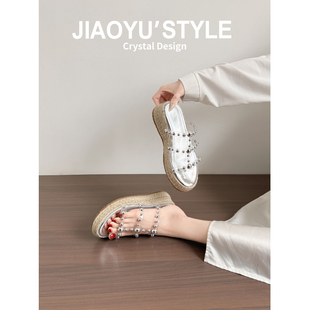 真皮~骄屿铆钉透明一字拖女2026新款松糕凉鞋厚底编织凉拖鞋外穿