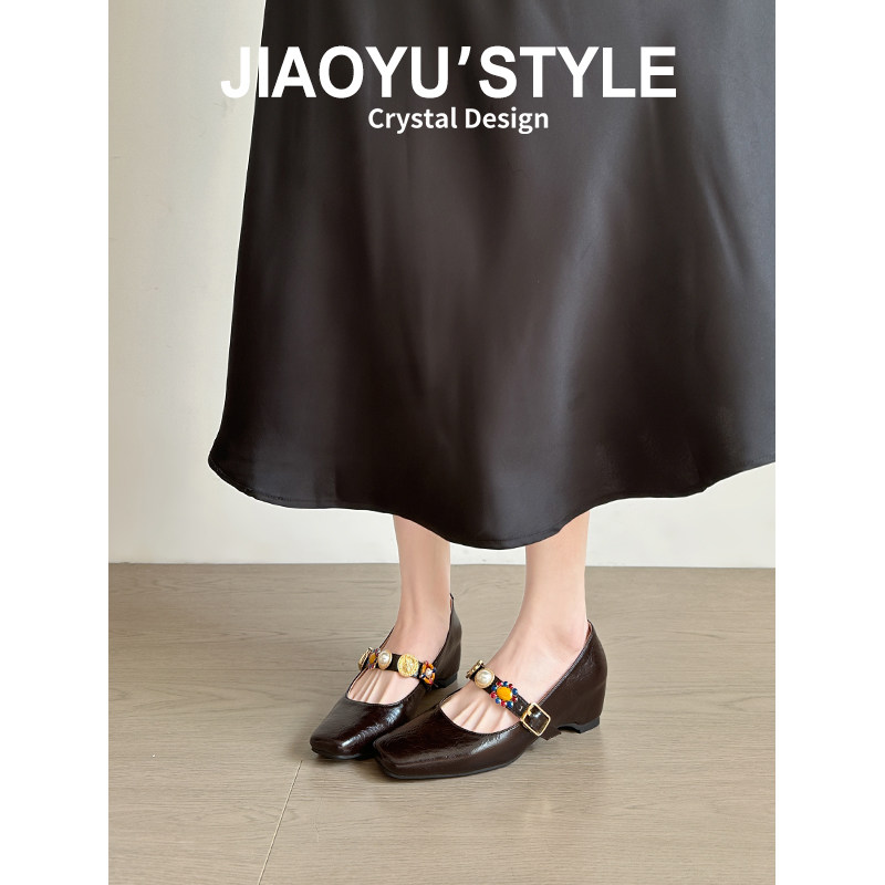 真皮~骄屿法式方头玛丽珍鞋女内增高2026春新款气质浅口通勤单鞋