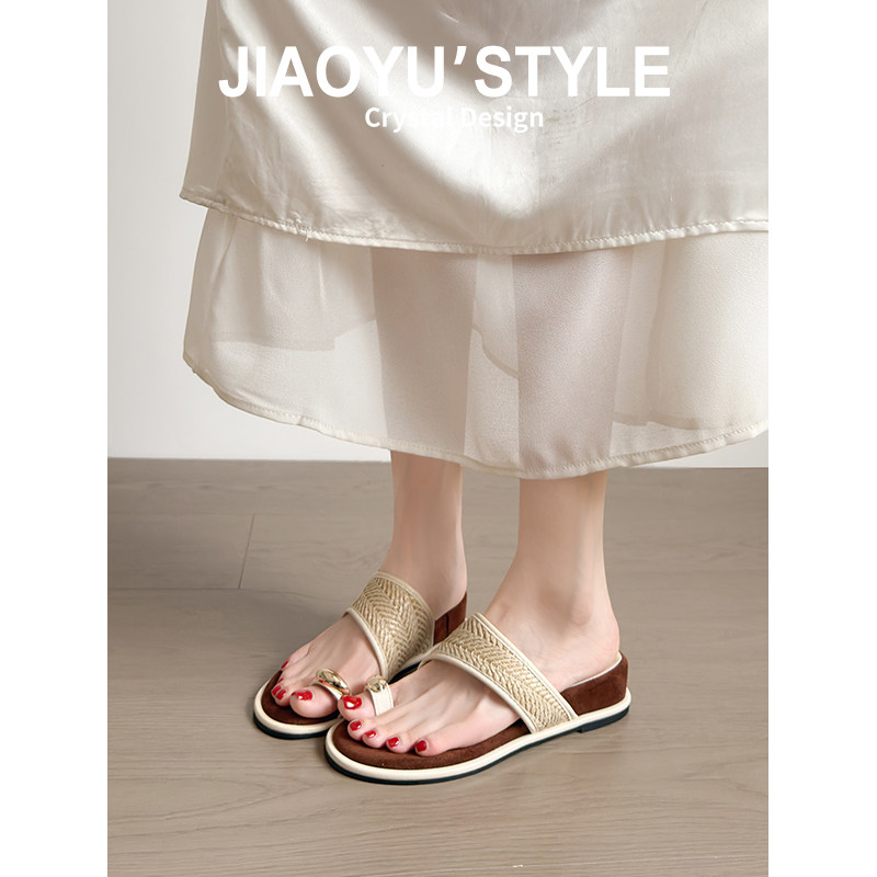 真皮~骄屿复古编织厚底凉拖鞋女夏外穿海边沙滩夹趾增高罗马凉鞋