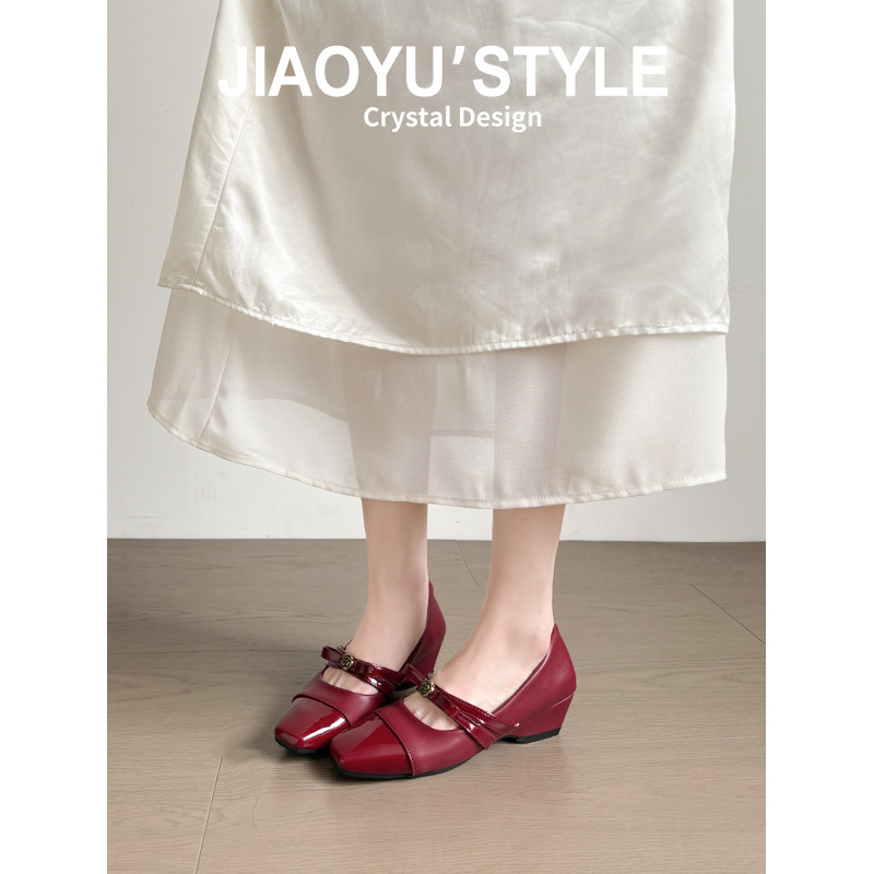 真皮~骄屿方头玛丽珍鞋女2026新款蝴蝶结浅口单鞋内增高通勤单鞋