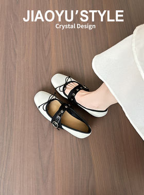 真皮~骄屿复古白色玛丽珍鞋女2026春新款蝴蝶结圆头百搭浅口单鞋