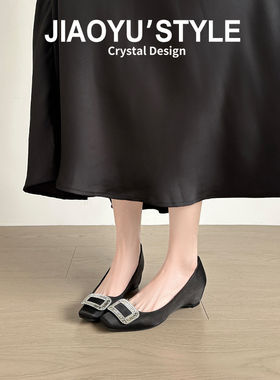 真皮~骄屿法式水钻方扣单鞋2026春新款黑色通勤方头浅口玛丽珍鞋