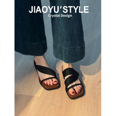 骄屿法式 复古坡跟两穿露趾凉鞋 女新款 真皮 一字带方头露趾凉拖鞋