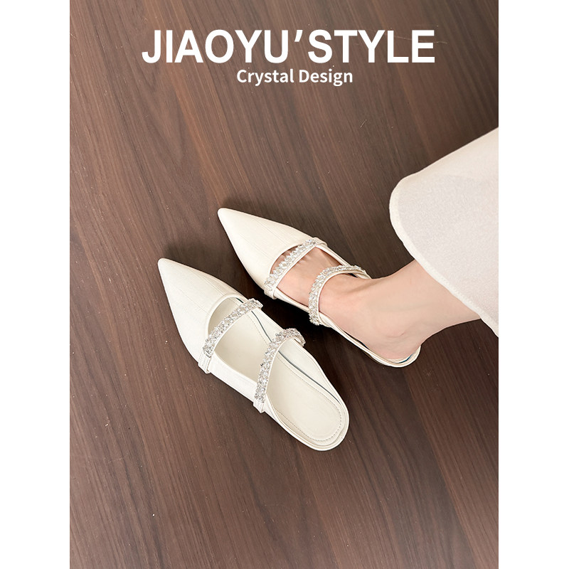 真皮~骄屿水钻凉拖鞋女夏外穿配裙子尖头凉鞋百搭包头穆勒半拖鞋