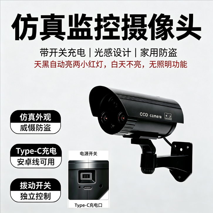 仿真监控摄像头带充电带拨动开关光感亮红灯家用威慑防盗假摄像头