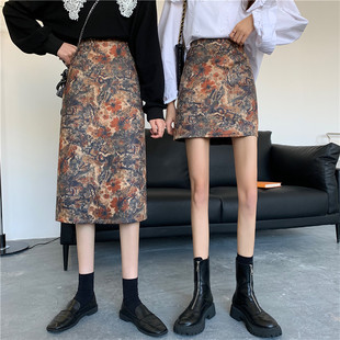 半身裙胖mm显瘦复古印花a字裙短裙潮 油画中长款 2020秋冬新款 韩版