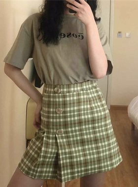 2019夏季新款ins超火抹茶绿色格子半身裙胖mm显瘦a字学生百褶短裙
