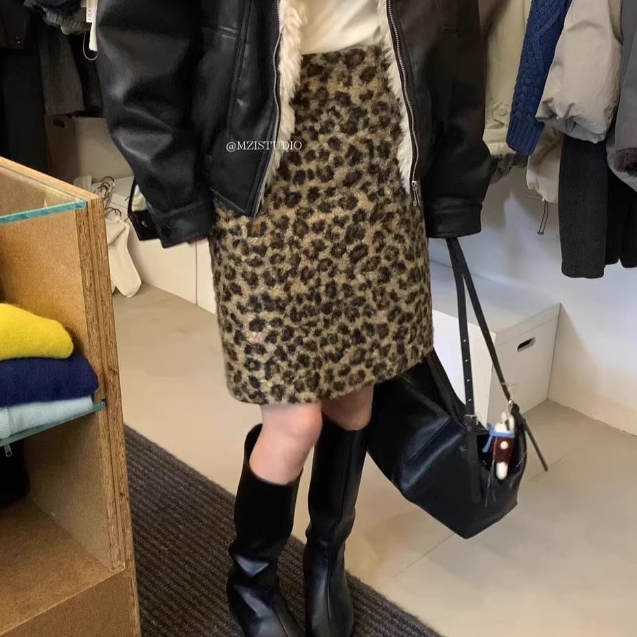 复古羊羔毛豹纹半裙直筒a字中裙