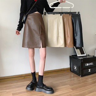 胖mm秋冬新款 纯色PU皮裙半身裙高腰显瘦a字裙开叉百搭中裙潮 韩版