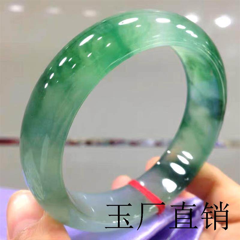 高端缅甸冰种翡翠色老坑正圈玉手镯老坑兰花飘绿女款送礼圆条玉镯