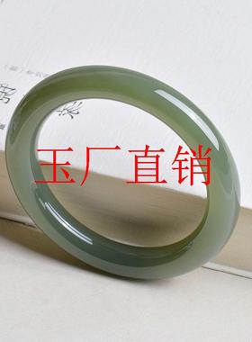 新疆和田玉青玉圆条湖水绿叮当镯细条镯子高级玉石且末蓝处理送礼