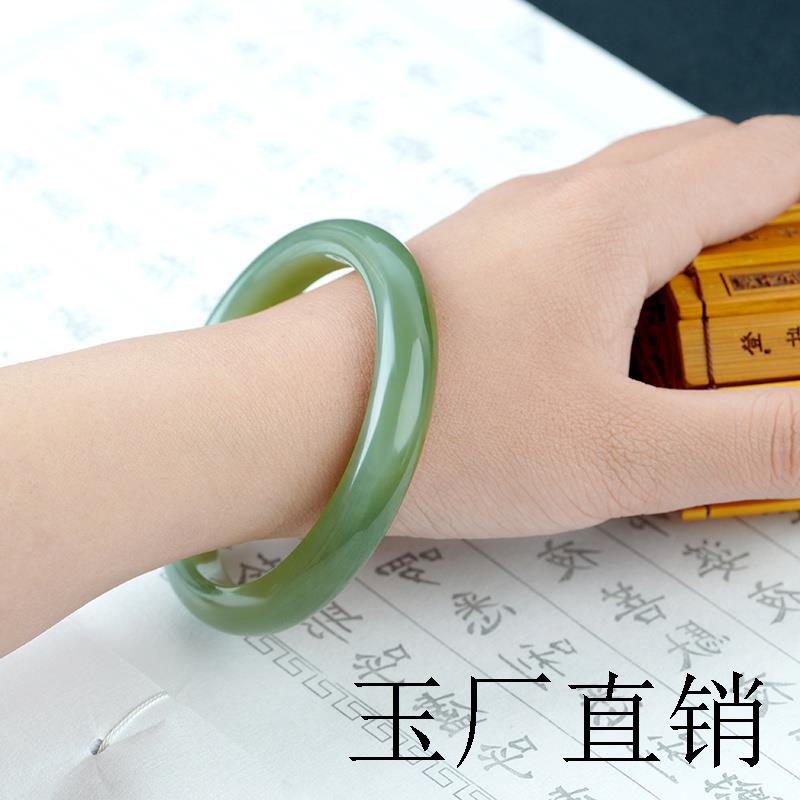 和田玉手镯女款湖水绿冰晴水玉镯子窄版扁条新疆天然玉石真玉证书
