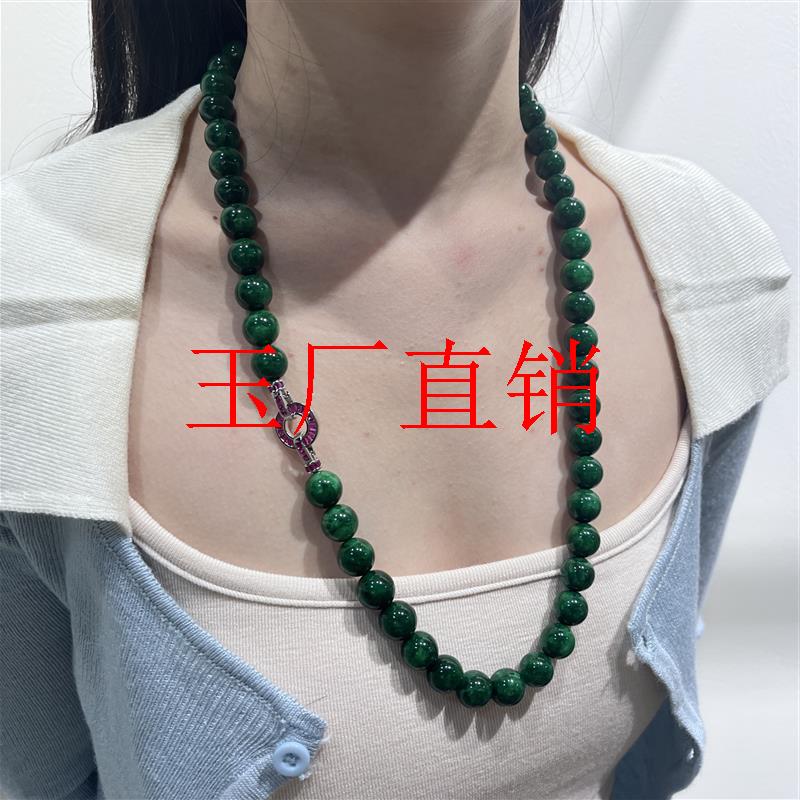 缅甸翡翠色干青大颗粒长款毛衣链阳绿色新中式圆珠玉项链国风女款