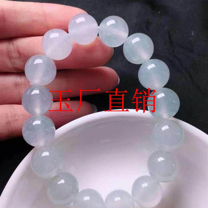 缅甸冰种翡翠色玉石白月光手链饰品男女款玉佛珠圆珠散珠单圈手串