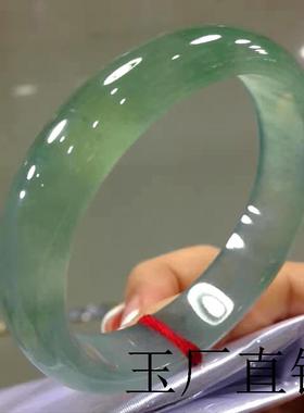 冰种飘花镯子翡翠手镯浅绿色玉石女款正圈正品贵妃油青玉手镯证书