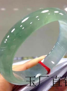 缅甸翡翠色冰种飘花镯子浅绿色玉石女款正圈平安镯油青玉手镯证书