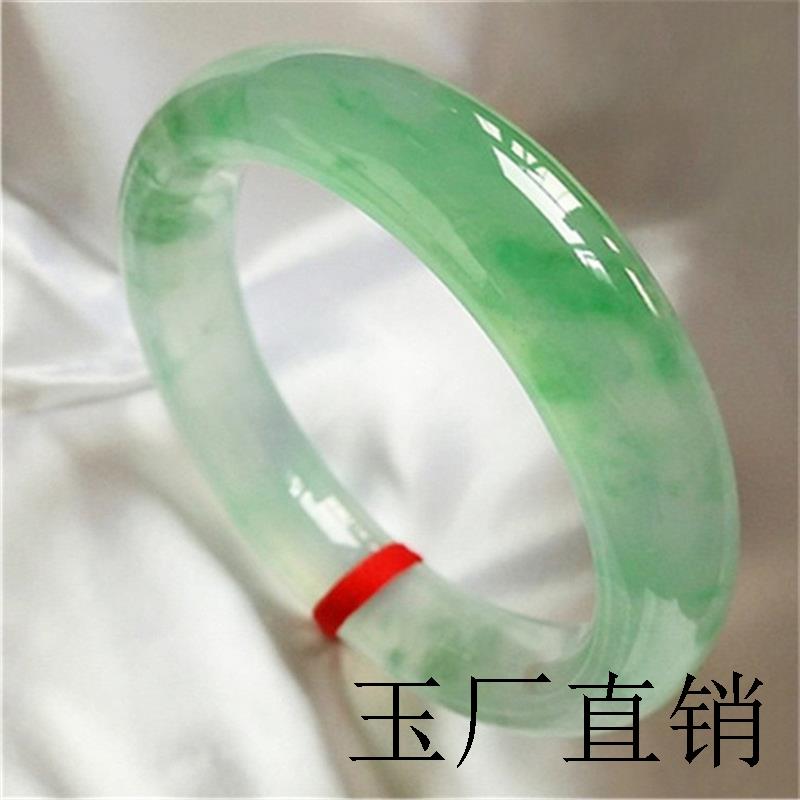 冰种阳绿飘花翡翠色手镯老坑缅甸正圈宽条少女款处理玉石镯送礼