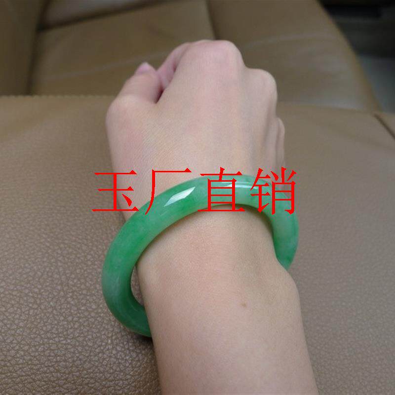缅甸老坑翡翠色冰糯种满色阳绿飘花玉石手镯通透满果绿小清新女镯