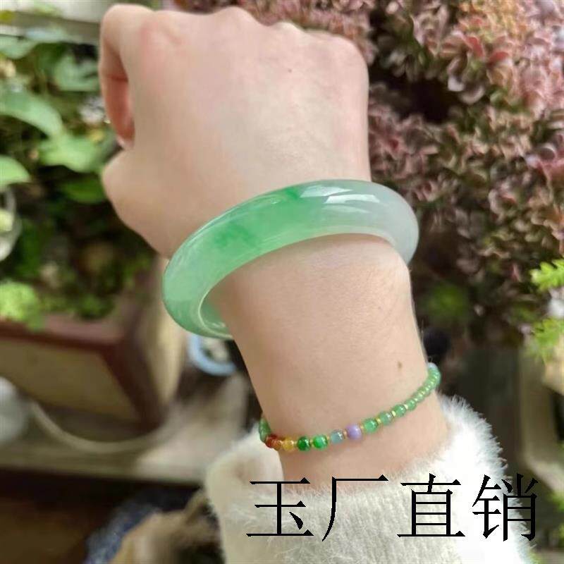 翡翠色玉手镯飘花阳绿翠绿冰透玻璃种正圈贵妃镯女款平安玉镯送礼