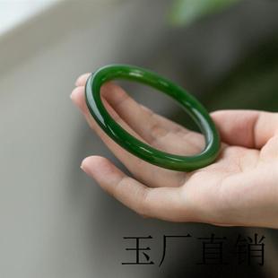 和田玉手镯女款少女菠菜绿圆条年轻款青海料晴水碧玉美人条玉镯子