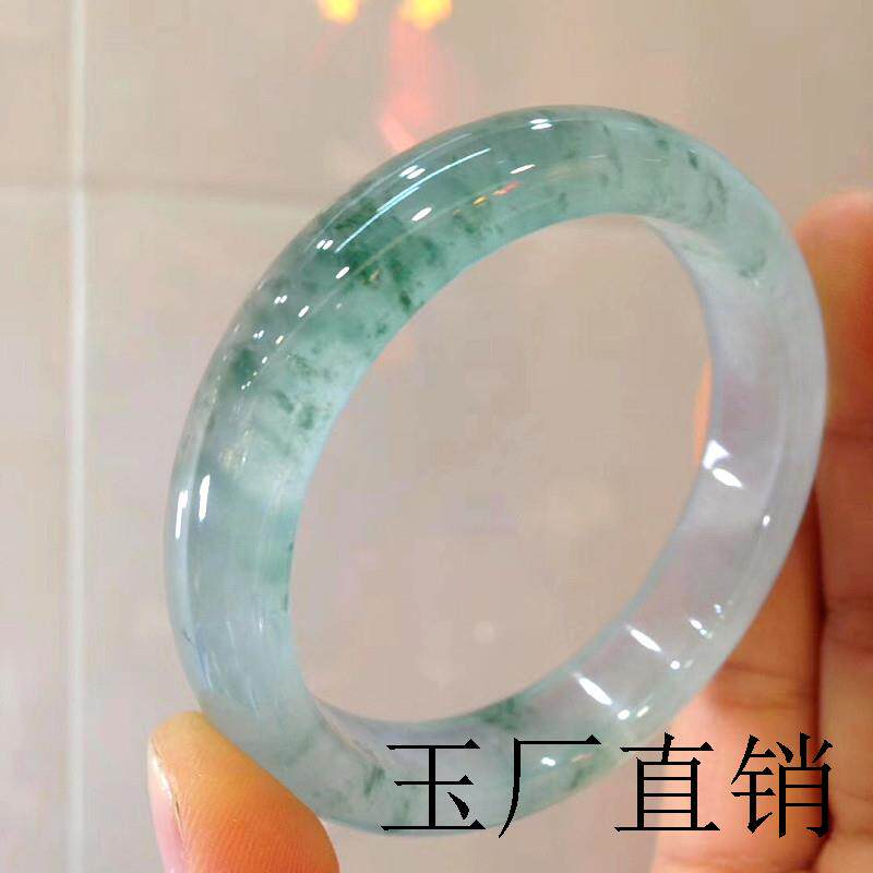 冰种飘花翠绿翡翠色手镯缅甸圆条老坑精品晴水女款贵妃飘绿玉镯子