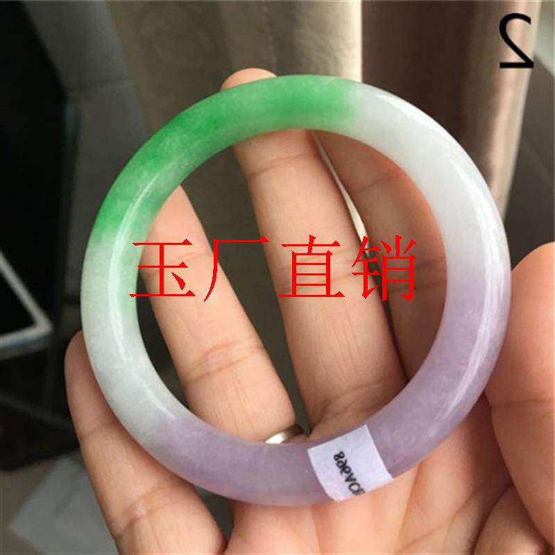 缅甸冰糯种翡翠色平安手镯阳绿色复古女款春带彩紫罗兰圆条玉镯子
