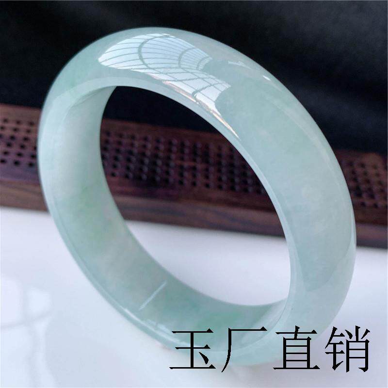 缅甸翡翠手镯冰糯种浅绿油青蓝底宽边玉镯子飘花阳绿贵妃镯送礼