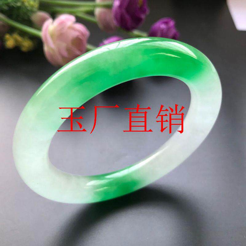 翡翠色玉镯子缅甸胖圆条正圈手镯冰糯种正阳绿飘绿花女款配饰处理