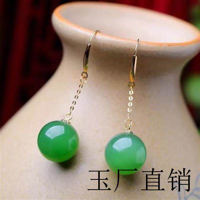俄罗斯老矿碧玉圆珠耳钩耳环女菠菜阳绿包金中长版耳坠时尚款送礼