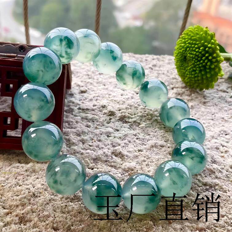 冰种飘花翡翠色单圈手串缅甸高端男女款珠宝玻璃种飘蓝花圆珠手链