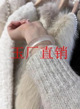 冰透白月光玉髓手镯高冰种荔枝冻玛瑙圆条国风玉镯高级时尚百搭款