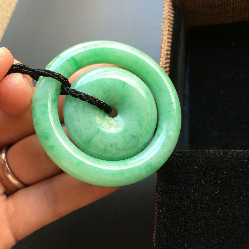 缅甸翡翠玉石平安扣天然正品老坑冰糯阳绿飘花母子圆环玉扣男女款