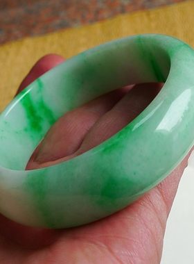 老坑飘花祖母绿白底青宽边手镯