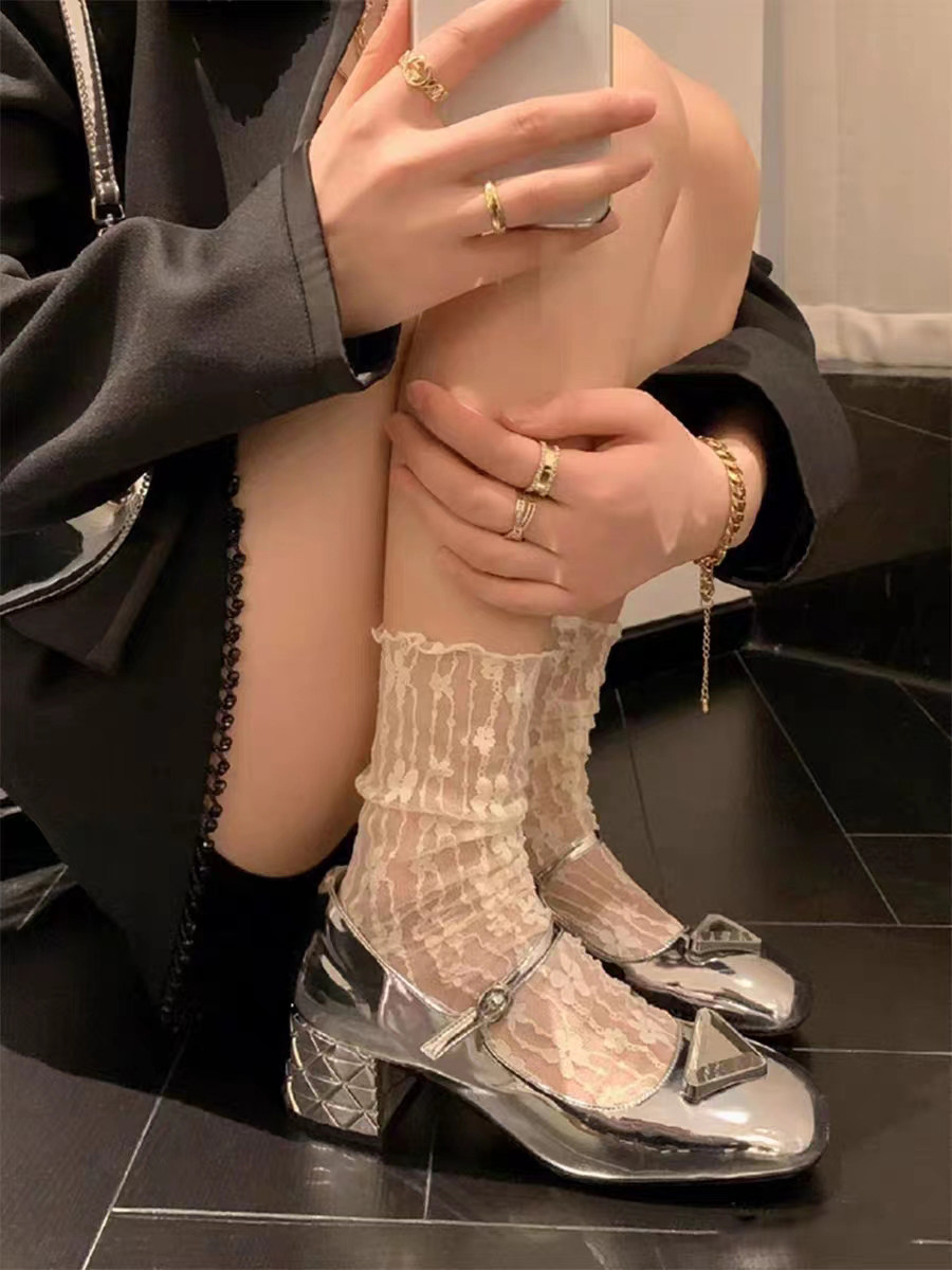 白色蕾丝堆堆袜子女夏季薄款中筒网纱配玛丽珍小皮鞋日系夏天短袜